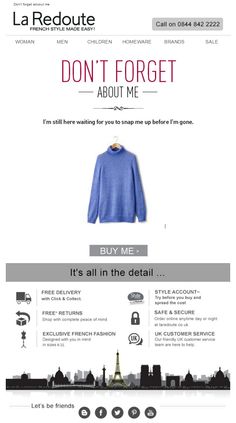 the front page of la redoute's website, which features an image of a blue sweater