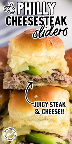 the phily cheesesteak sliders are stacked on top of each other