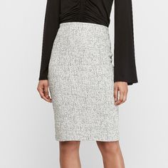 This High Waisted Pencil Skirt Is Ready For The Office Straight Into Happy Hour Thanks To A Classic Pattern, Sleek Silhouette And Silky Lining. Pair It With The Matching Jacket, Shown In A Separate Listing. High Waisted Pencil Skirt Elastic Stretch Waistband Textured Peppered Jacquard Fabric Center Back Vent; Lined Straight Hem; Hits Below The Knee Polyester/Cotton/Spandex; Machine Wash Stretch White Skirt For Office, White Stretch Skirt For Office, Relaxed White Pencil Skirt For Work, White Pencil Skirt For Work, White Pencil Skirt For Fall, Fitted White Mini Skirt For Office, White Fitted Pencil Skirt For Fall, White Relaxed Pencil Skirt For Work, White Pencil Skirt For Office