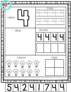 a printable worksheet with numbers and symbols for the number 1 - 4