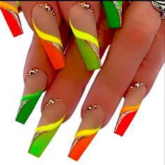 24pcs Vibrant Yellow Green Swirl False Nails - Fashion-Forward Press On Set With Silver Glitter Design - Durable Full Cover Matte Finish, Long Coffin Shape - Perfect Glam Accessory For Women And Girls Multicolored Nails, Ballet Nails, Pretty Nail Art Designs, Long Acrylic, Nail Swag, Matte Pink, Nail Designs Glitter