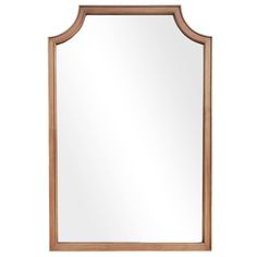 a wooden framed mirror on a white background