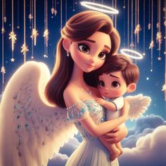 an angel holding a child in her arms with stars hanging from the sky behind them