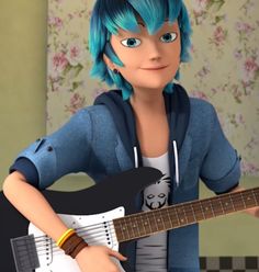 a cartoon character with blue hair playing an electric guitar