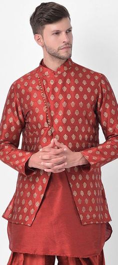 Red and Maroon color Nehru Jacket in Dupion Silk fabric with Printed work Red Long Sleeve Bandhgala For Formal Occasions, Festive Red Nehru Jacket With Zari Work, Red Bandhgala For Eid, Red Long Sleeve Nehru Jacket For Eid, Red Nehru Jacket For Festive Transitional Season, Red Long Sleeve Bandhgala For Eid, Long Sleeve Red Nehru Jacket For Wedding, Red Festive Nehru Jacket For Transitional Season, Red Long Sleeve Nehru Jacket For Wedding