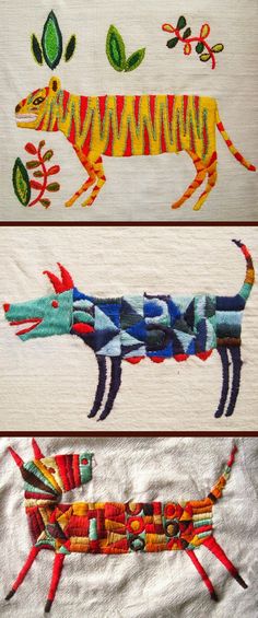 three pictures of different animals made out of fabric and thread on top of each other