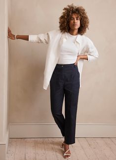 Navy Cotton Blend Tapered Chinos Blue Chinos Outfit Women, Chinos Outfit, Tapered Chinos, Navy Chinos, Blogger Outfits, Linen Loungewear, Mint Velvet, Chino Trousers, Cashmere Coat