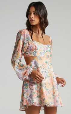 Ebonee Long Puff Sleeve Mini Dress in Flower Crown | Showpo USA Lebas Majlesi, Puff Sleeve Mini Dress, Cut Out Dress, Grad Dresses, Evening Outfits, Out Dress, Long Puff Sleeves, Mini Dress With Sleeves, Flower Dresses