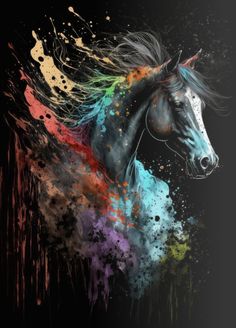 a painting of a horse with colorful paint splatters on it's face