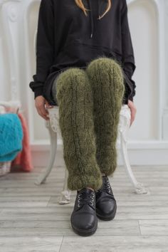 "Hand knit 2 strands qualuty bruch mohair Legwarmers DETAILS - Made from Premium mohair - The model is 170 cm tall (regular S) - The sweater on picture is one size - As mostly all models in our shop the sweater is loose fit - Color on photo -green FOR MORE For all our listings visit - https://www.etsy.com/shop/MOLIMARK For more Knit Sweaters READY TO SHIP visit - https://www.etsy.com/shop/MOLIMARKS?ref=seller-platform-mcnav§ion_id=28201384 For more Wool Sweaters visit - https://www.etsy.com/shop Hand Knitted Snug Cozy Leg Warmers, Cozy Hand Knitted Leg Warmers, Cozy Hand Knitted Snug Leg Warmers, Winter Soft Knit Fitted Knitting Pattern, Fitted Soft Knit Winter Knitting Pattern, Handmade One Size Leg Warmers For Winter, Hand Knitted Cozy Leg Warmers, Cozy Knitted Leg Warmers, One Size Green Knitting Pattern For Winter