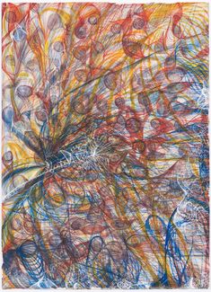 an abstract painting with lots of lines and circles on it's surface, including the colors