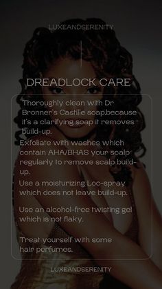 1.Contrary to common belief, it's essential to wash your dreadlocks regularly. Use a residue-free shampoo to prevent buildup. Focus on massaging the scalp and roots, allowing the water to cleanse the length of the dreads naturally. 2.Make sure your dreadlocks are thoroughly dried after washing to prevent mold and mildew. You can air dry or use a low-heat hairdryer. 3.If you use wax, use it sparingly to avoid buildup. 4.Last but not least, a healthy diet is a MUST. #dreadlocks #locs #haircare Loc Care Routine, How To Take Care Of Locs, Bohemian Dreadlocks, Shampoo For Locs, Loc Routine, Locs Growth, Loc Shampoo, Natural Shampoo Recipes