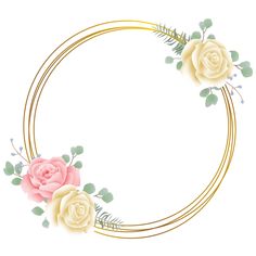 an oval frame with three roses and leaves on the edges, in pastel colors