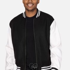 Varsity Blend Jacket Stun in this wool blend varsity jacket Color(s): black & white Size: S - 2XL Material: 13.5 oz., 50% polyester, 29% acrylic, 18% wool, 3% other Style: unisex letterman varsity jacket Knitted collar, cuffs, and waistband with striped details Side pockets Zipper Matric Jackets, Black And White Varsity Jacket, Video Mood, Varsity Letterman Jackets, Knitted Collar, Letterman Jacket, Wool Blend Jacket, Stay Warm, Music Video