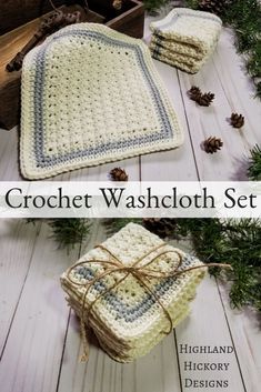 crochet washcloth set with pine cones and twine