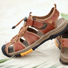 Color: Black,Brown,Khaki Closure Type: Elastic Band,Velcro Feature: Toe-Protected,Soft,Slip Resistant Size: US 10.5,US 8,US 9,US 10,US 7.5,US 8.5,US 6.5 Shoes Type: Outdoor Sandals,Beach Sandals Toe Type: Closed Toe Upper Material: Cowhide Outsole Material: Rubber Brown Casual Sandals For Beach Season, Casual Brown Sandals For Beach Season, Leather Sandals For Beach Season, Brown Leather Outdoor Sandals, Outdoor Brown Slip-on Sandals, Brown Open Toe Sandals For Outdoor Activities, Brown Closed Toe Sandals For Beach Season, Casual Brown Sandals For Beach, Casual Brown Beach Sandals