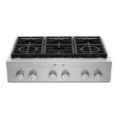 a stainless steel stove top with four burners