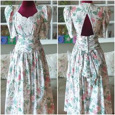 "Beautiful floral gunnesax from Jessica McClintock.  It is a very lovely vintage dress with floral patterns and white race appliques. Perfect condition like new.  Measurements  Bust 32\" Waist 26\" Length 47\" I ship worldwide.  Thank you." Summer Vintage Floral Print Wedding Dress, Summer Wedding Vintage Dress With Floral Print, Summer Wedding Floral Print Vintage Dress, Floral Print Dress With Fitted Bodice For Wedding, Floral Print Wedding Dress With Fitted Bodice, Vintage Floral Print Dress For Garden Party, Fitted Vintage Floral Dress For Party, Fitted Vintage Dress For Garden Party, Fitted Floral Print Vintage Dress For Garden Party