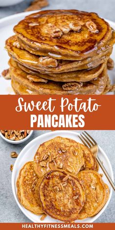 sweet potato pancakes with maple syrup and pecans