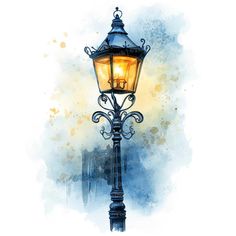 a watercolor painting of a street lamp