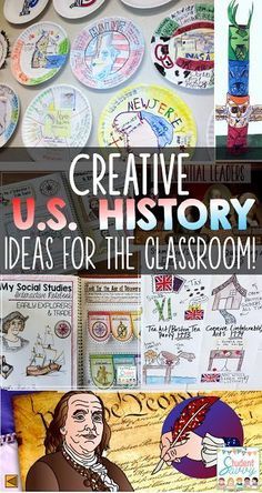 several different pictures with the words creative u s history on them, including plates and drawings