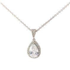 "Our Auden necklace is a pendant style design with a pear shaped center stone, surrounded by a halo of pavé set crystals. A classic, timeless design perfect for any occasion. - Made with clear simulated diamond stones - Available in silver, gold, or rose gold finish - Chain is 18\" length with a 2\" extender - Pendant measures 1\" length, 1/2\" width - Center stone measures 12mm x 9mm - Lightweight, easy to wear - Nickel and lead free - Securely packaged in a signature gift box with microfiber storage pouch - Easy returns SHOP THE COLLECTION: https://www.etsy.com/shop/TigerlillyCouture PACKAGING: Arrives in a custom Tigerlilly box, perfect for gifting and storing the jewelry. Printed receipts are not included in the box. You may print a receipt directly from Etsy for your records. If it is Elegant Teardrop Pendant Drop Necklace With Sparkling Stones, Classic Teardrop Crystal Necklace, Classic Teardrop Pendant Bridal Necklace, Teardrop Drop Necklace With Sparkling Stones, Wedding Pear-shaped Necklace With Halo Setting, Pear-shaped Necklace With Halo Setting For Wedding, Formal Teardrop Necklace With Sparkling Stones, Formal Teardrop Drop Necklace With Sparkling Stones, Cubic Zirconia Teardrop Pendant Necklace With Sparkling Stones