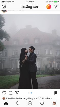 two people standing in front of a large building on a foggy day with the caption instagram