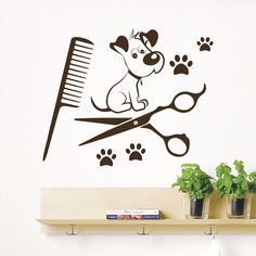 a dog with a comb and paw prints on it's wall next to a plant