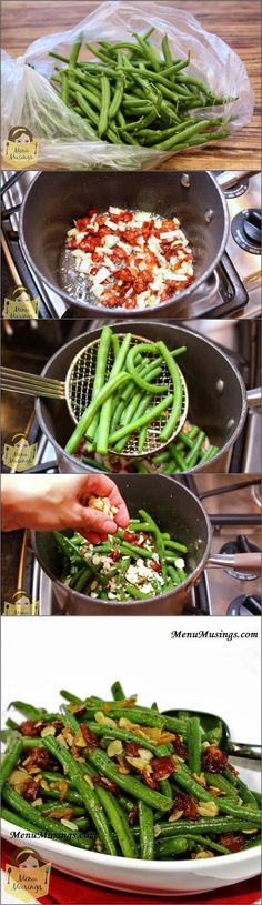 green beans are being cooked in pans on the stove top and side by side