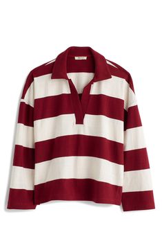 An elevated take on the classic rugby stripe, this weighty cotton-jersey top is perfectly oversized with an open johnny collar and easy dropped shoulders. Johnny collar Long sleeves 100% cotton Machine wash, tumble dry Imported Cotton Polo Collar Top With Horizontal Stripes, Cotton V-neck Top With Striped Collar, Cotton V-neck Tops With Contrast Stripes, Cotton V-neck Top With Contrast Stripes, Fall Polo Top With Striped Collar, Fall Polo Collar Top With Striped Collar, Fall Polo Collar Tops With Striped Detail, Fall Striped Polo Collar Top, Relaxed Fit Polo Collar Top With Contrast Stripes