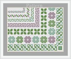 a cross stitch pattern with green and purple flowers