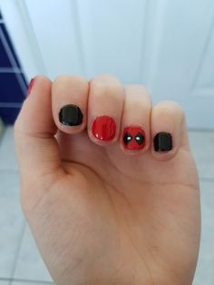 Deadpool Nails Simple, Deadpool Nail Art, Dotting Tool Nail Art Ideas, Deadpool And Wolverine Nails, Deadpool Nails, Wolverine Nails, Minecraft Nails, Batman Nails