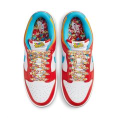 Introducing the Nike Dunk Low QS Fruity Pebbles! This one-of-a-kind sneaker combines sleek style with dynamic color, making it a must-have for any men's summer wardrobe. Its striking Habanero Red mixed with Laser Blue and White colorway gives the shoe a unique look that stands out from the crowd. The smooth white leather base is complemented by habanero red overlays, while an eye-catching laser blue and side Swoosh add character and pizzazz to this already stylish shoe. For even more personality, the tongue features woven Fruity Pebble tags, while the heel tab is embroidered with LeBron’s LJ logo. Inside, you'll find a Nike-branded sock liner with a colorful Fruity Pebble graphic print. Finally, an alluring milky translucent rubber outsole provides plenty of traction and grip. Step up your Most Popular Nike Shoes, Lebron 4, Popular Nike Shoes, Fruity Pebble, Jordan 11 Women, Adidas Spezial, Fruity Pebbles, Nike Air Jordans, Sneaker Release