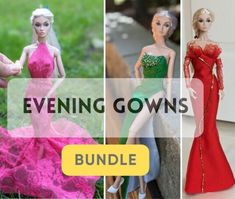 barbie dolls are shown with the words evening gowns