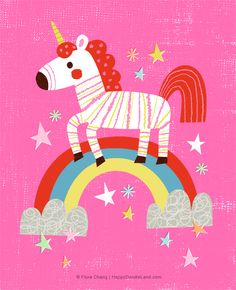 a pink poster with a unicorn on top of a rainbow