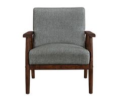 a gray chair with wooden arms and legs