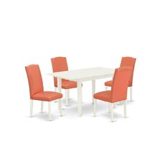 a white table with four chairs around it and an orange upholstered chair next to it