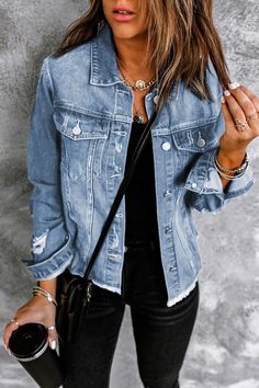 Distressed Raw Hem Denim Jacket – FITGGINS Looks Jeans, Distressed Jacket, Blank Apparel, Distressed Denim Jacket, Blue Denim Jacket, Ripped Denim, Denim Coat, Primavera Estate, Look Fashion