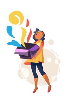 a woman is holding a box with some things in it