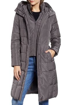 COLE HAAN SIGNATURE | Puffer Zip Bib Insert Hooded Down Jacket | Nordstrom Rack Grey Puffer, Feather Jacket, Long Puffer Coat, Petite Coat, Long Puffer, Down Puffer Coat, Down Feather, Quilted Coat, A Stand