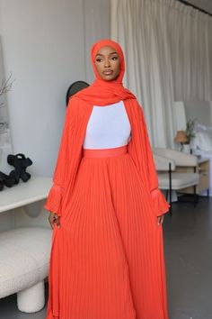 Orange Dress Hijab, Pleated Pencil Skirt, Abaya Styles, Islamic Fashion Dresses, Pleated Wide Leg Pants, Classy Skirts, Modest Dresses Fashion