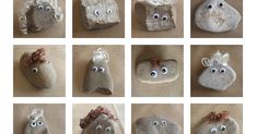 nine pictures of rocks with eyes and hair on them, all made up of different shapes and sizes