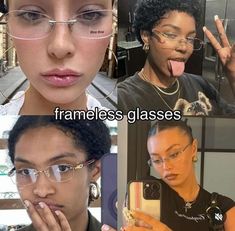 Comment and follow for more glass frames for women Aesthetic Glasses Frames For Round Face, Frameless Glasses Women, Glasses For Round Faces Woman, Frameless Glasses, Glasses Frames For Women Round Face, Different Types Of Glasses, Types Of Glasses