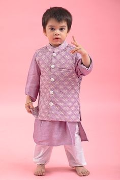 Lavender nehru jacket with floral and thread embroidery. Comes with off-white churidar and a kurta. - Aza Fashions Spring Cotton Nehru Jacket With Zari Work, Spring Nehru Jacket With Zari Work, Straight Kurta Style, Straight Kurta Nehru Jacket With Zari Work For Spring, Spring Nehru Jacket With Zari Work, Pink Nehru Jacket With Zari Work For Spring, Spring Pink Nehru Jacket With Zari Work, Pink Embroidered Nehru Jacket Kurta, Spring Long Sleeve Nehru Jacket With Cutdana, Spring Festive Nehru Jacket With Chikankari Embroidery