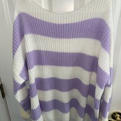 Purple And White Striped Sweater. Thick But Great Quality, Runs Big And Never Worn White Long Sleeve Sweater For Day Out, White Crew Neck Sweater For Day Out, Pink And Purple Clothes, Purple Striped Sweater, Light Purple Sweater, Purple Sweaters, Lily Purple, White Sweater Outfit, Pastel Sweater