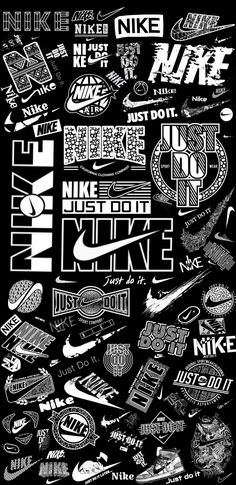 a poster with different types of nike logos and words in white ink on black paper