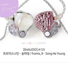 the earphones are decorated with pink and white beads on silver wires, along with a purple tag that says'i love you '