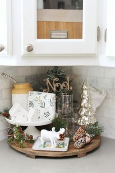 the kitchen counter is decorated with christmas decorations