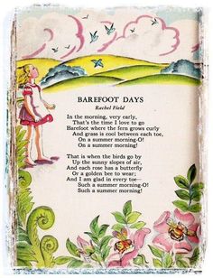 an old fashioned card with a poem written in the language barefoot days and flowers on it