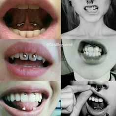 four different pictures of teeth with piercings on them and one woman's nose